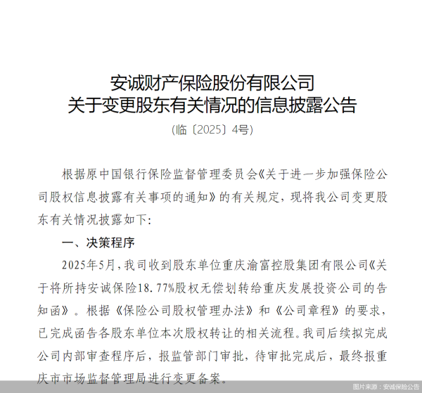 联富配资 安诚保险18.77%股权将生变，拟无偿划转给重庆发展投资有限公司